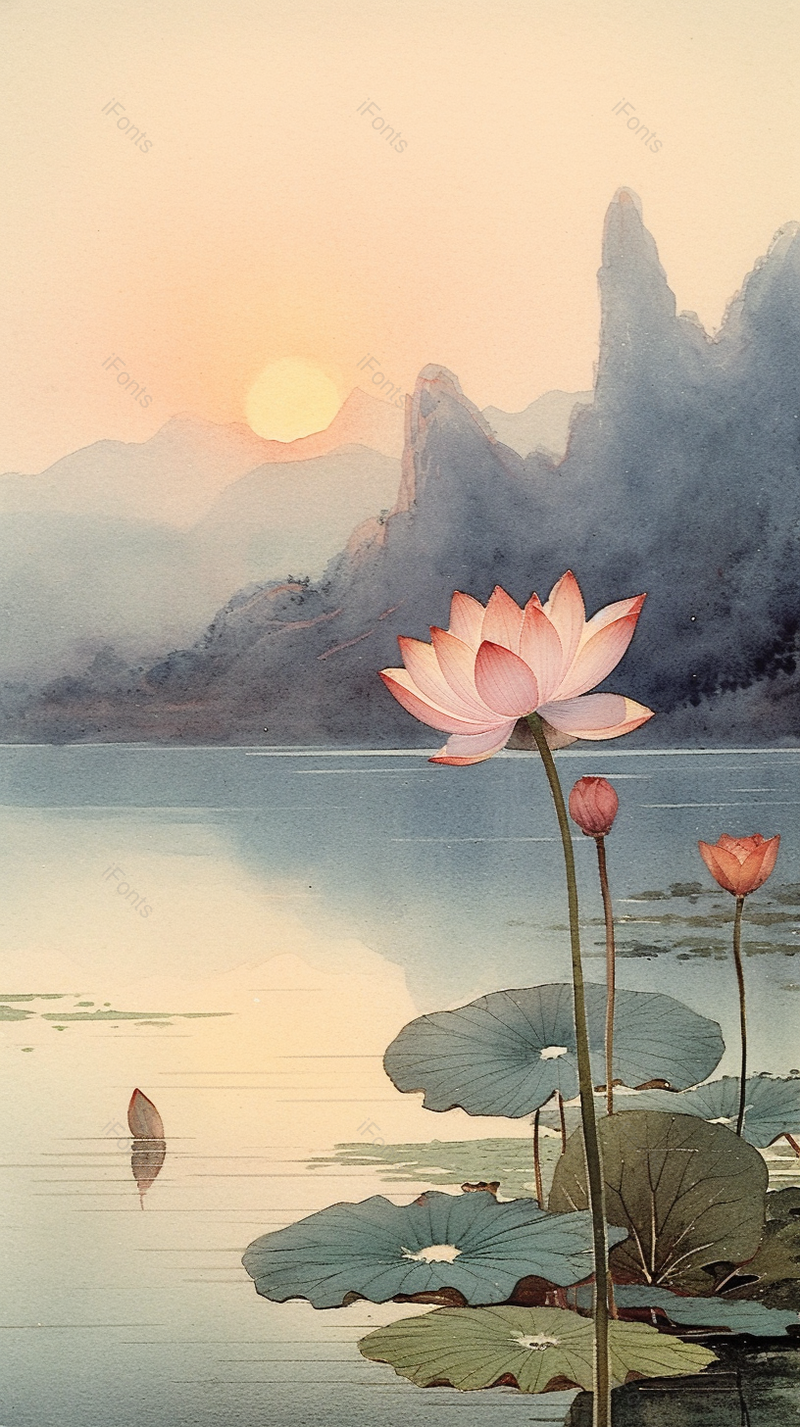 傍晚夏天夏至荷花盛开开花荷叶植物水面户外景色自然插画,插画/手绘图,插画/手绘图库,插画/手绘图下载,插画/手绘
